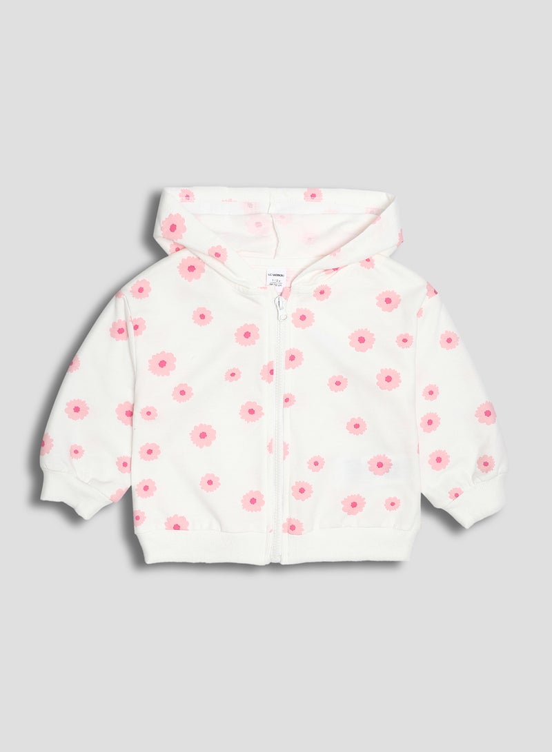 ال سي وايكيكي سويتشيرت بناتي بغطاء رأس وسوستة بنقشة ورد - Image 1